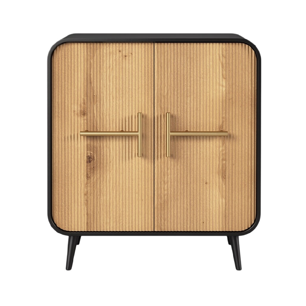 Meuble de rangement contemporain en bois avec portes à rayures et poignées dorées