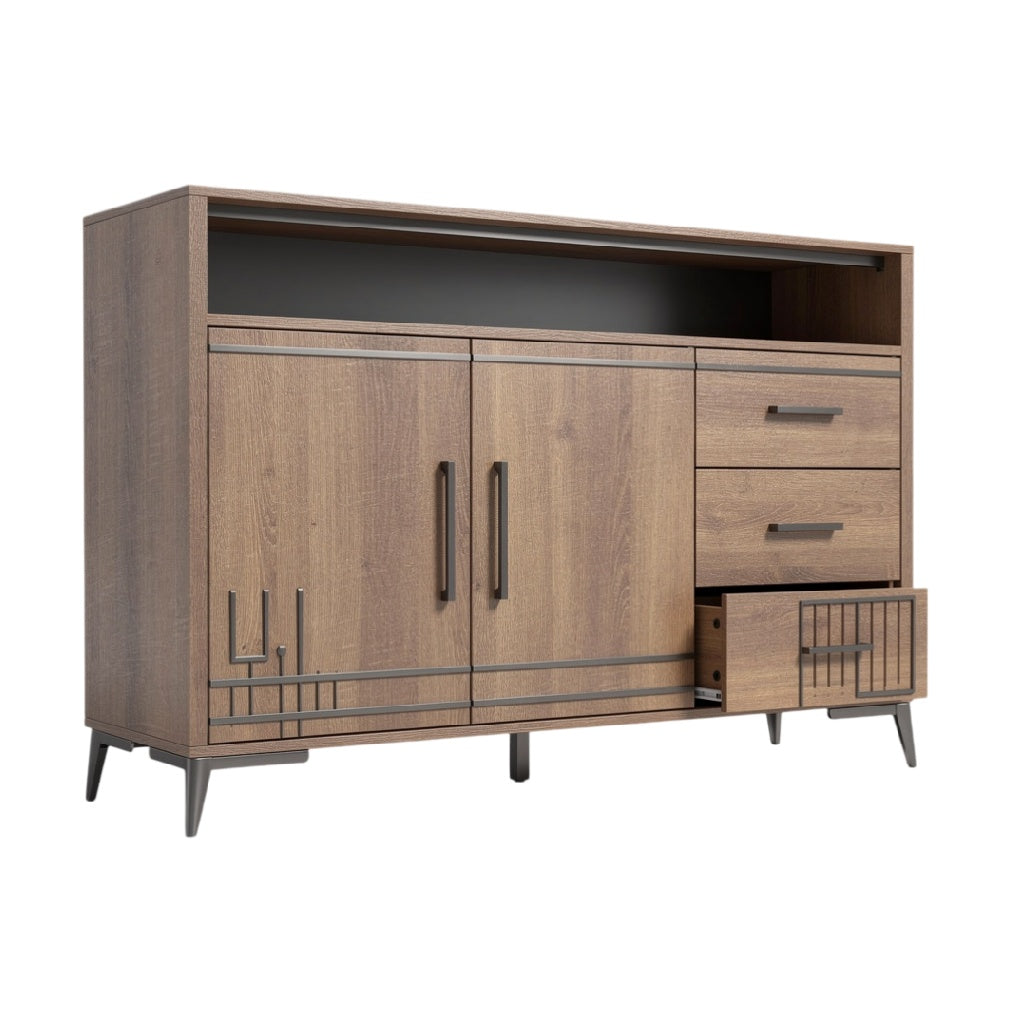 Meuble TV en bois avec tiroirs et portes, design moderne