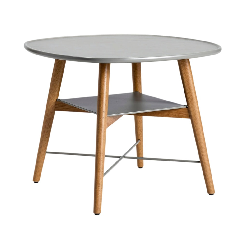 Table ronde moderne en bois et métal avec étagère