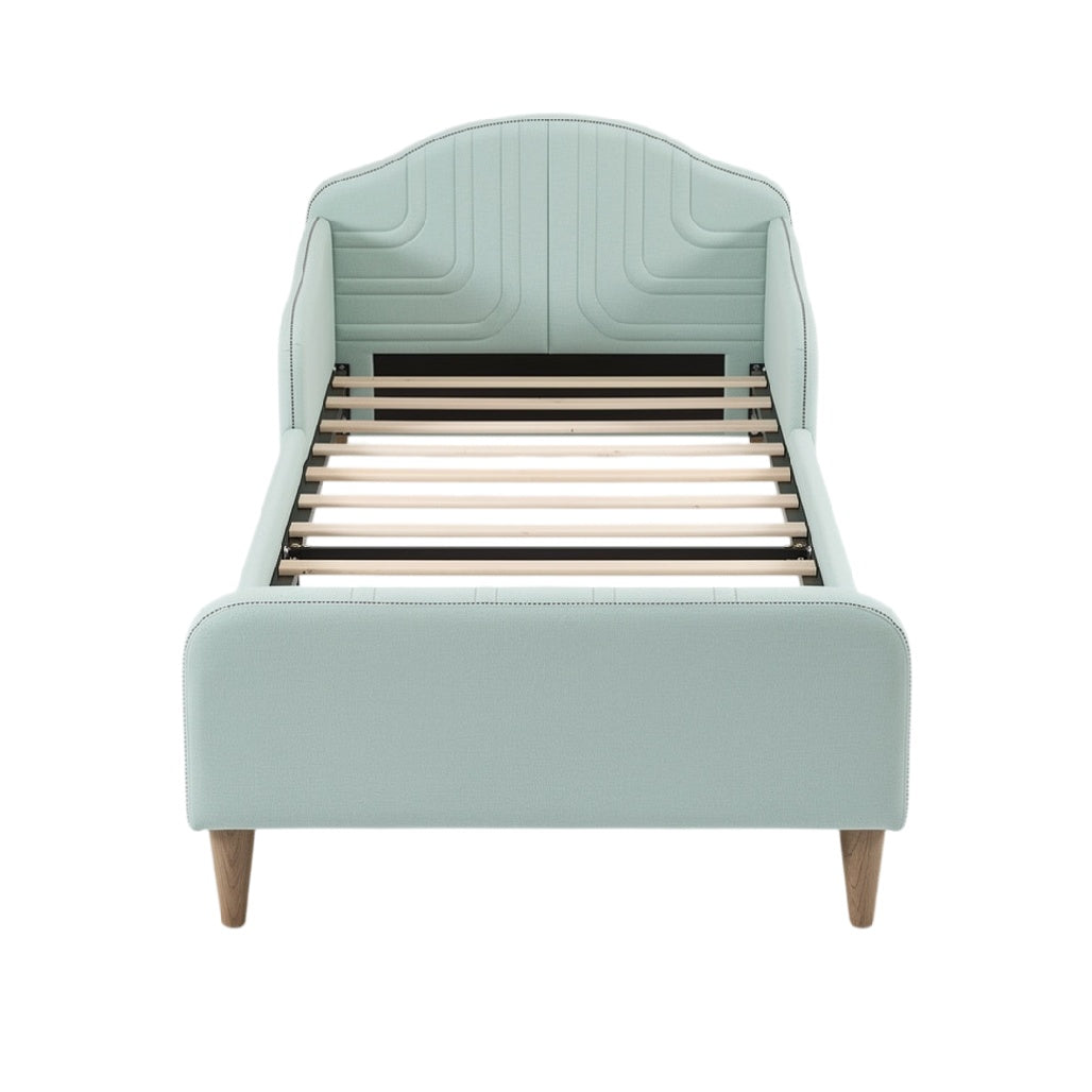Lit moderne en tissu vert avec sommier à lattes